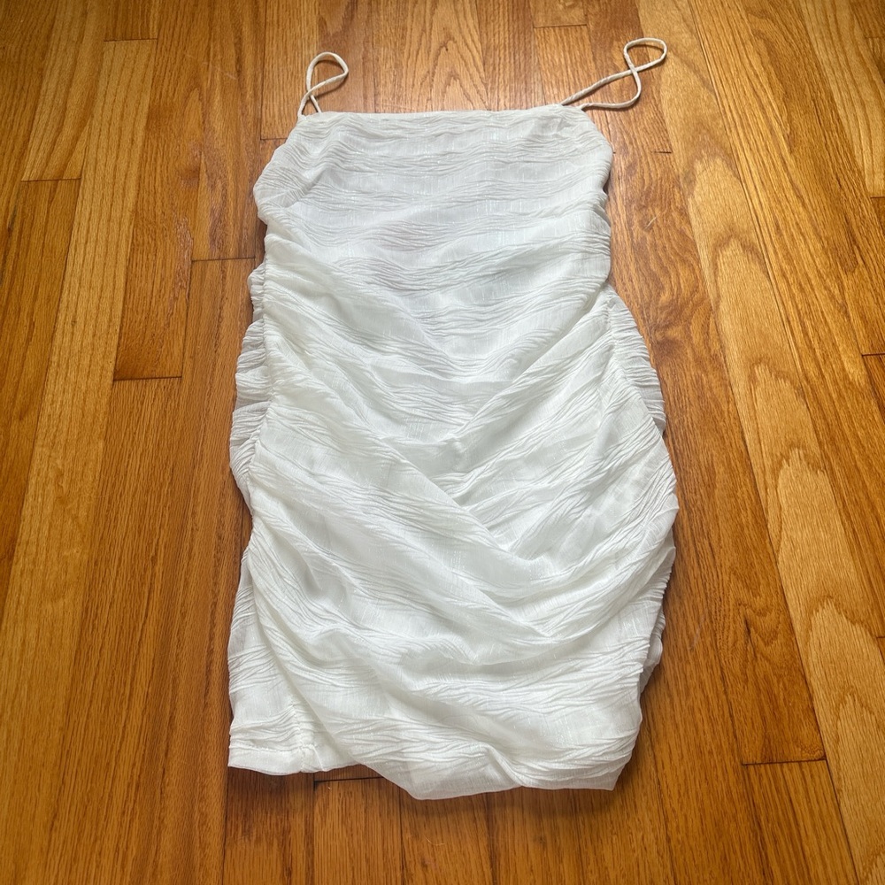 Hello Molly White Ruched Mini Dress Spaghetti Strap